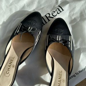 Chanel Vintage Satin Striped CC Cap-Toe Slide Mules